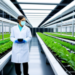 **

"A futuristic smart farm, displaying rows of crops growing in a controlled environment, sensors monitoring plant health, data dashboards visualizing real-time analytics, fully clothed scientists in lab coats observing the growth, appropriate content, safe for work, perfect anatomy, correct proportions, professional, high quality"

**