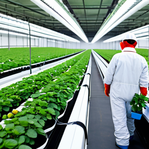 **

"A modern, high-tech smart farm interior, showing rows of healthy strawberry plants, sensors monitoring the environment, fully clothed agricultural workers tending to the plants, appropriate attire, safe for work, perfect anatomy, correct proportions, professional photograph, family-friendly, well-lit, data dashboards visible in the background."

**