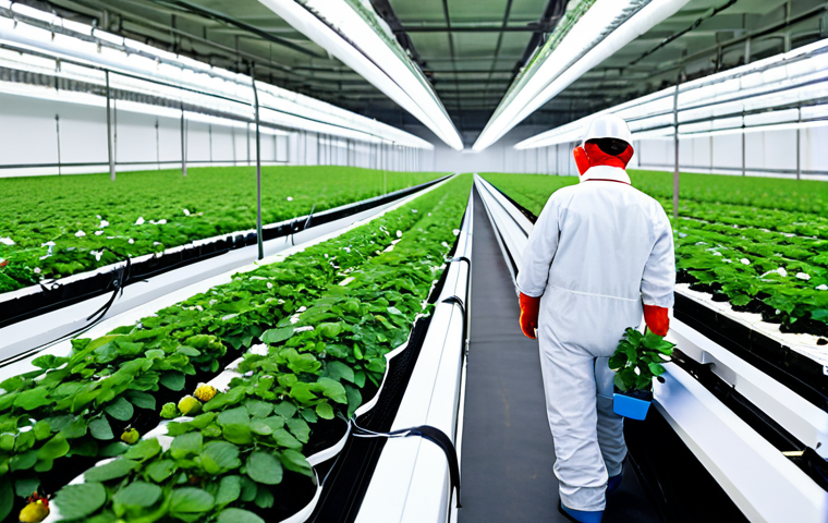 **
"A modern, high-tech smart farm interior, showing rows of healthy strawberry plants, sensors monitoring the environment, fully clothed agricultural workers tending to the plants, appropriate attire, safe for work, perfect anatomy, correct proportions, professional photograph, family-friendly, well-lit, data dashboards visible in the background."
**