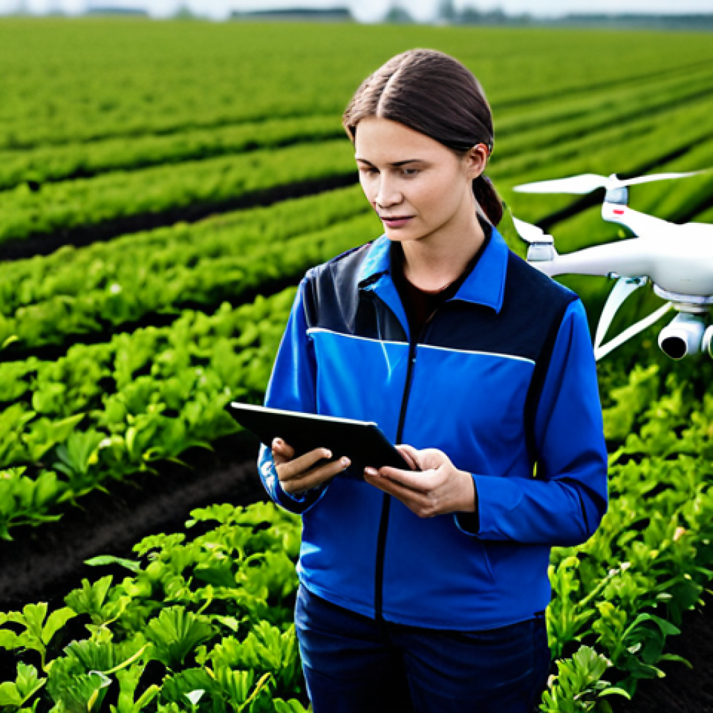 Smart Agriculture & Data Analysis**

"A modern, high-tech farm scene featuring a woman agricultural engineer in a professional outfit, analyzing data on a tablet in front of a field of crops monitored by drones. The scene includes soil sensors and lush green plants, emphasizing data-driven farming techniques. fully clothed, appropriate attire, professional, safe for work, family-friendly, perfect anatomy, correct proportions, natural pose, well-formed hands, proper finger count, natural body proportions, high quality, realistic"

**