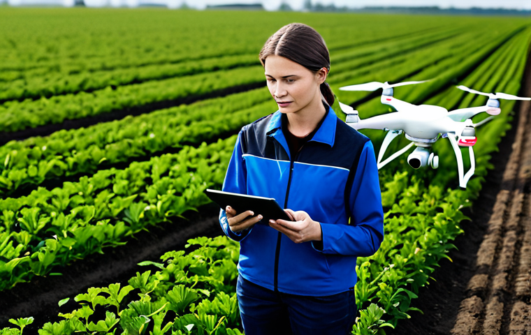Smart Agriculture & Data Analysis**
"A modern, high-tech farm scene featuring a woman agricultural engineer in a professional outfit, analyzing data on a tablet in front of a field of crops monitored by drones. The scene includes soil sensors and lush green plants, emphasizing data-driven farming techniques. fully clothed, appropriate attire, professional, safe for work, family-friendly, perfect anatomy, correct proportions, natural pose, well-formed hands, proper finger count, natural body proportions, high quality, realistic"
**