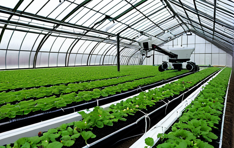 농업기술 분야의 최신 트렌드 - **Prompt for image 1 (Smart Farm - Precision Agriculture):**
A wide-angle shot inside a large, u...