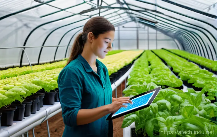 농업기술에서 사용하는 주요 기기 소개 - **A Modern Greenhouse Oasis:** A bright and pristine indoor greenhouse, showcasing rows of vibrant, ...