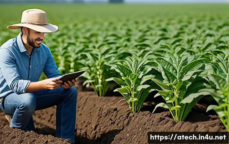 농업기술 컨설팅 직무 소개 - A detailed scene of an agricultural technology consultant visiting a modern farm, measuring soil qua...
