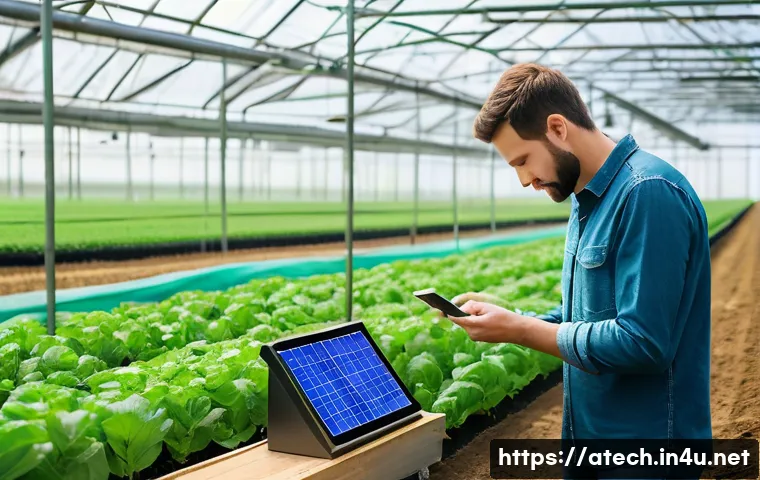 농업기술에서의 데이터 분석 활용 - A high-tech smart farm interior showing a variety of environmental sensors including soil moisture s...