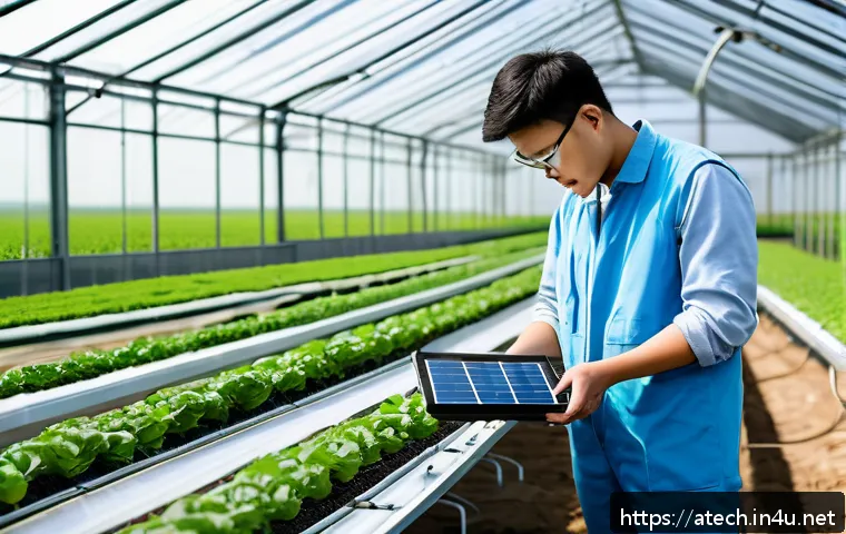 농업기술 전문가 커리어 로드맵 - A detailed scene of a young agricultural technician in a modern smart farm greenhouse, wearing pract...
