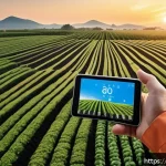 농업기술과 ICT 융합 사례 - A modern smart farm landscape at sunrise featuring advanced IoT soil and climate sensors embedded in...