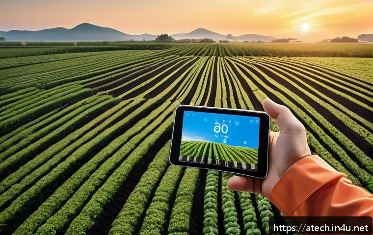 농업기술과 ICT 융합 사례 - A modern smart farm landscape at sunrise featuring advanced IoT soil and climate sensors embedded in...