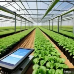 농업기술자 근무 환경 개선 사례 - A modern smart farm scene showing agricultural technicians operating automated farming equipment suc...