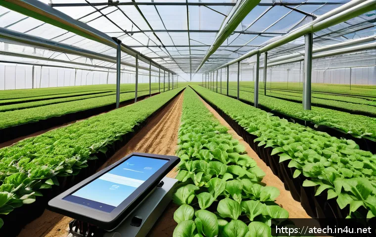 농업기술자 근무 환경 개선 사례 - A modern smart farm scene showing agricultural technicians operating automated farming equipment suc...
