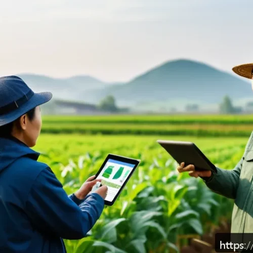 농업기술자와 협업하는 방법 - A vibrant scene showing a collaborative meeting between agricultural workers and technology experts ...
