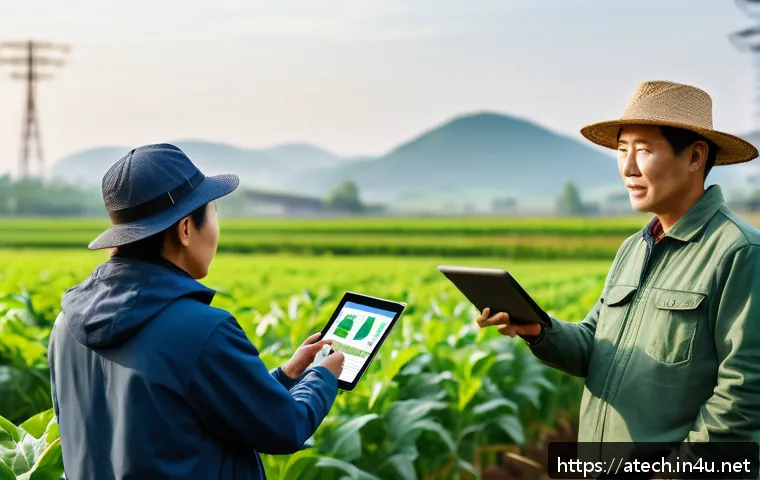 농업기술자와 협업하는 방법 - A vibrant scene showing a collaborative meeting between agricultural workers and technology experts ...
