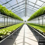 농업기술과 수익성 높은 작물 선정 - A high-tech smart greenhouse interior showcasing advanced PVT solar panels integrated with heat pump...