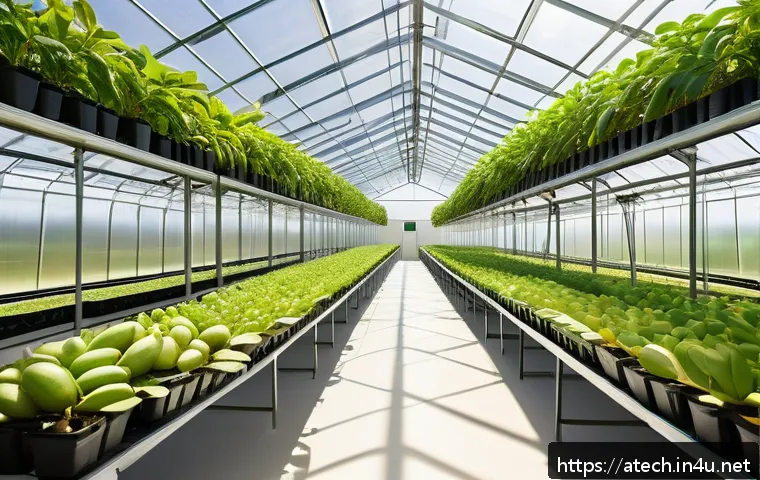 농업기술과 수익성 높은 작물 선정 - A high-tech smart greenhouse interior showcasing advanced PVT solar panels integrated with heat pump...