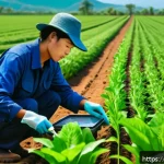 농업기술과 병해충 관리 실무 - A detailed scene of a modern farm field with a farmer analyzing soil samples using portable pH and m...