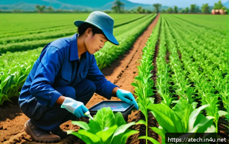 농업기술과 병해충 관리 실무 - A detailed scene of a modern farm field with a farmer analyzing soil samples using portable pH and m...