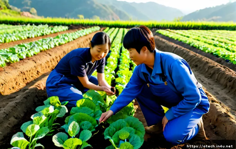 Home 17 농업기술 전문가와 농민의 협력 사례 - Photorealistic rural farm field at early morning, an agricultural technology specialist in practical...